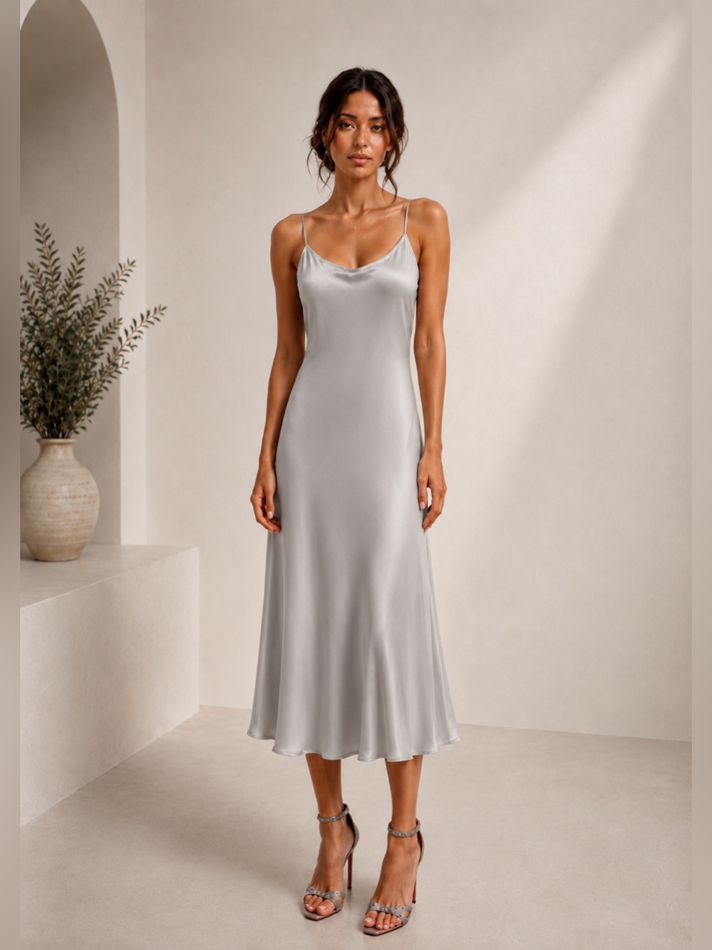 Johnny Was Cupro Silky Slip Midi Dress Gray Satin Bias Cut NWT Large